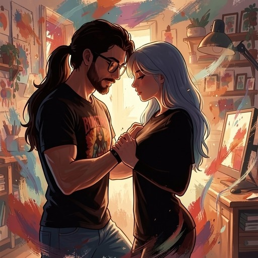 A bearded man with glasses and a ponytail holds the hands of a silver-haired woman as they stand close together in a colorful, paint-splattered art studio.