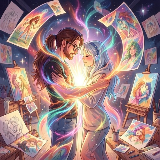 A bearded man with glasses and a ponytail embraces a white-haired woman wearing headphones in a vibrant art studio filled with colorful paintings and swirling magical energy.