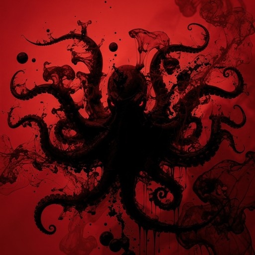 A dark, inky octopus monster with glowing red eyes and swirling tentacles against a bright red background.