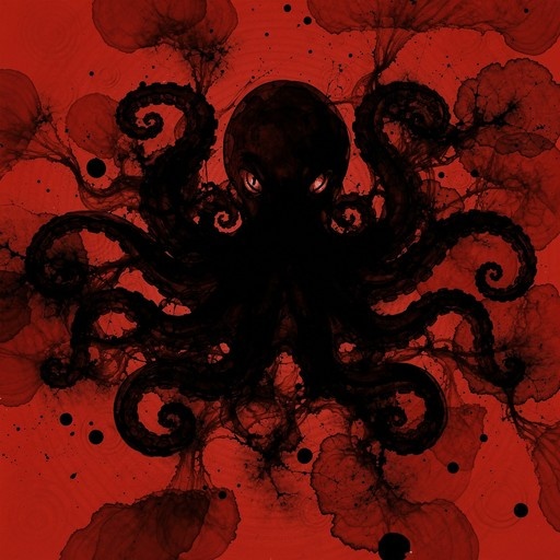 A black silhouetted octopus with glowing red eyes and curled tentacles against a red background.