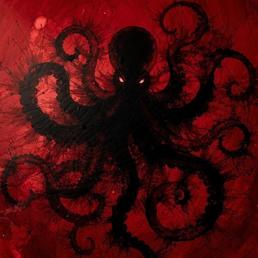 A large black tentacled monster with glowing red eyes against a textured red background.