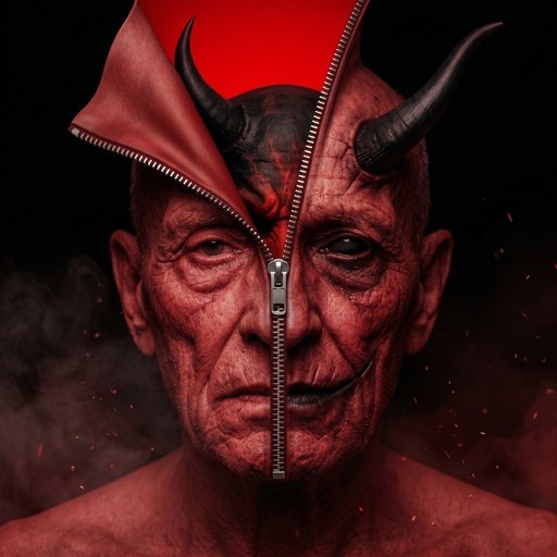 A close-up portrait of a man with his face split by a vertical zipper. The left side shows an older human face, while the right reveals a red-skinned demon with black horns and dark eyes.
