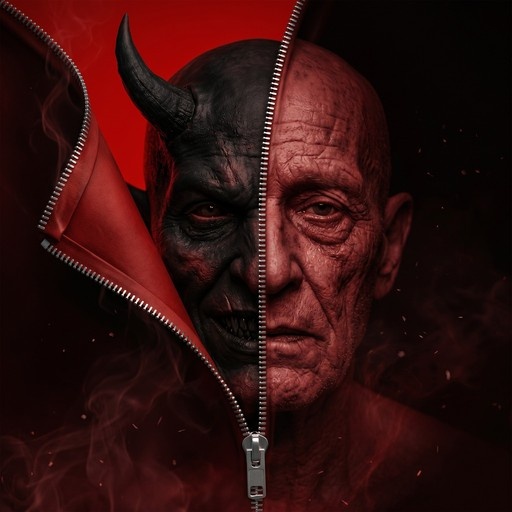 A vertical split portrait of a bald man's face divided by a silver zipper; the left side is a black-skinned horned demon with sharp teeth, and the right side is an elderly wrinkled man with red skin tones.