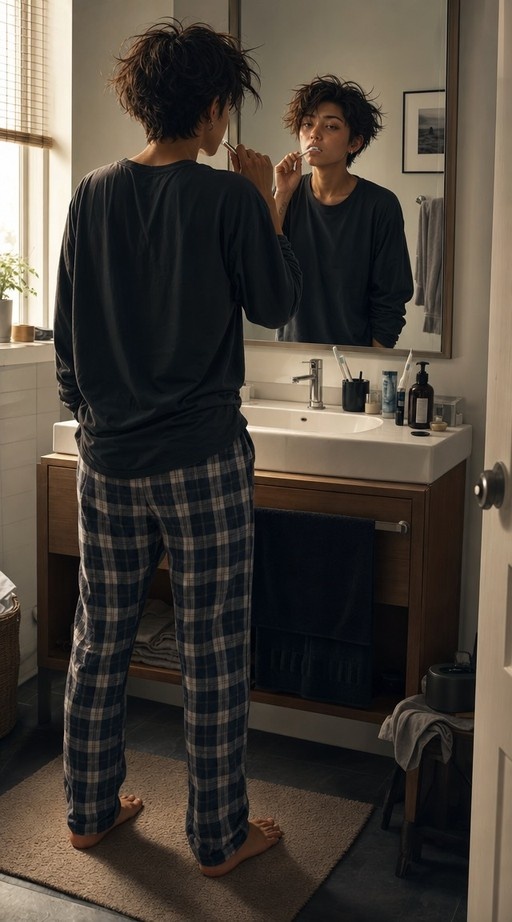 A young man in plaid pajama pants and a black long-sleeve shirt stands barefoot on a rug, brushing his teeth while looking into a bathroom mirror above a white sink.