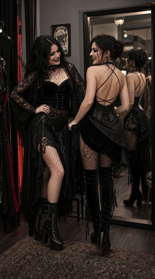 Two smiling women with dark hair wearing black gothic outfits, including corsets, fishnet stockings, and boots, posing together indoors near a large mirror.