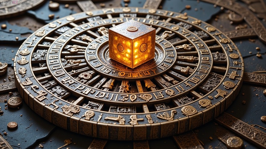 A glowing golden cube with illuminated faces rests on a large, ornate bronze wheel covered in ancient hieroglyphs and metallic reliefs.