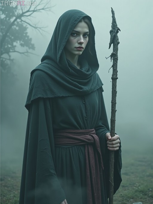 A young woman in a dark hooded cloak holding a gnarled staff stands in a foggy forest.
