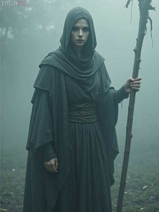 A young woman in a dark hooded cloak holds a wooden staff while standing in a foggy forest.