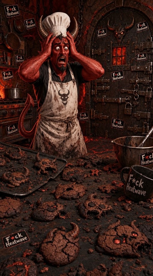 A red-skinned demon chef with horns screams in panic, holding his head in a dark kitchen filled with burnt skull-shaped cookies and "F*ck Heatwave" stickers.