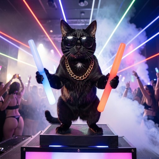 A black cat wearing sunglasses and a gold chain stands on a speaker holding glowsticks at a rave with lasers in the background.