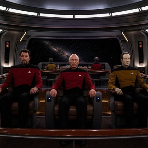 Captain Picard flanked by Commander Riker and Lieutenant Data sitting in command chairs on the bridge of a starship with space visible through the rear window.
