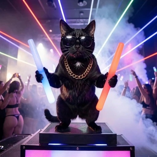 Anthropomorphic black cat in sunglasses and gold chain waves glowsticks on a DJ booth at a rave with lasers and a dancing crowd.