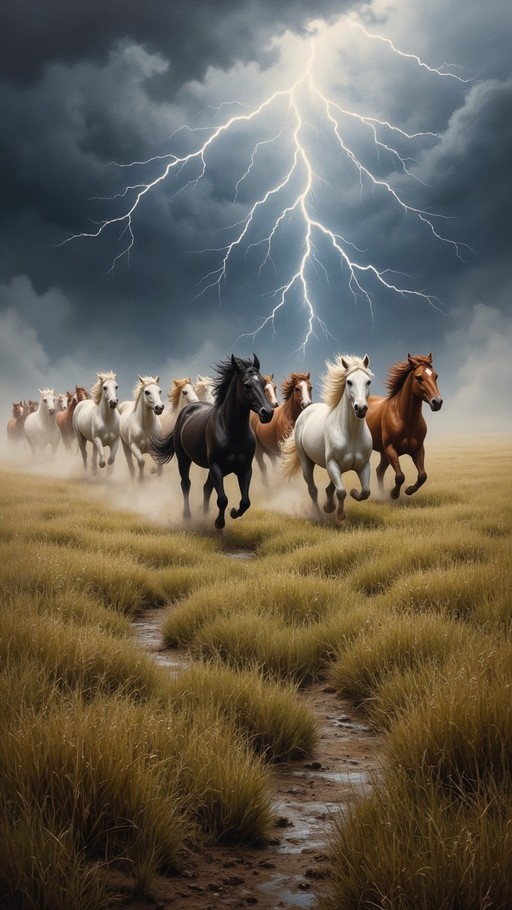 A herd of horses galloping across a grassy field under a dramatic sky with a large lightning bolt striking down.