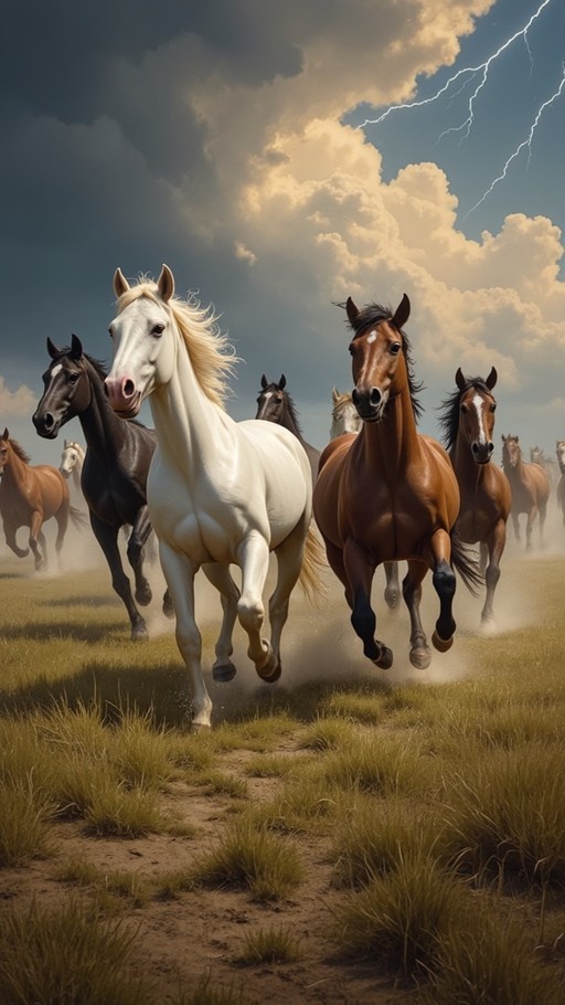A white horse and a brown horse lead a herd galloping across a grassy field under a dramatic sky with lightning bolts striking in the background.