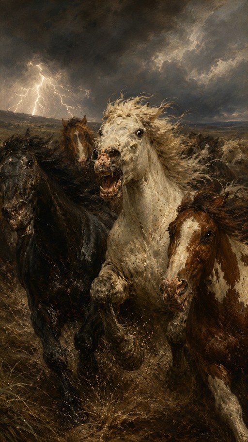 A realistic painting of a herd of horses galloping through mud under a stormy sky with lightning.