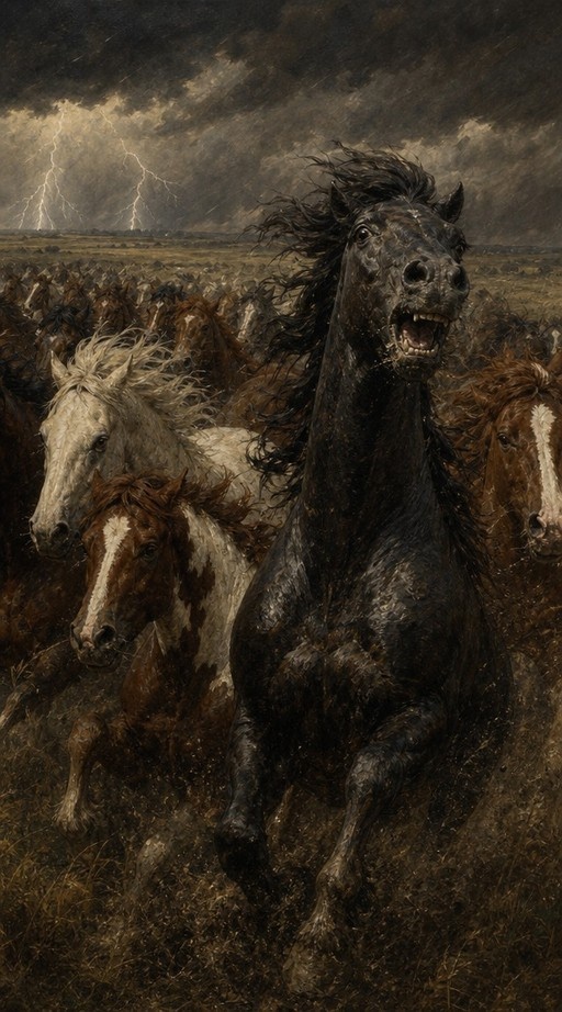 A black horse leads a stampeding herd across a field under a dark sky with lightning striking in the distance.