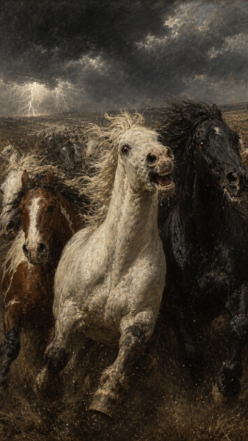 A herd of horses running through a field with dark clouds and lightning in the background, featuring a central white horse with its mouth open.