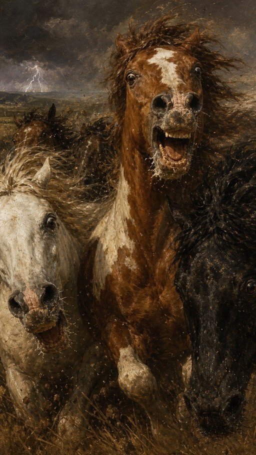 Three horses galloping through a field during a thunderstorm with lightning in the background.