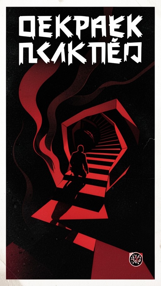 A minimalist movie poster showing a silhouetted man walking down red geometric stairs into darkness with jagged white Greek-style text at the top.