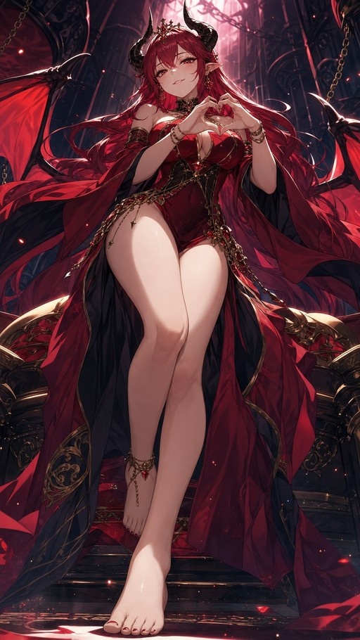 A full-body shot of a smiling red-haired demon girl with black horns and wings, standing barefoot on stairs and making a heart shape with her hands.