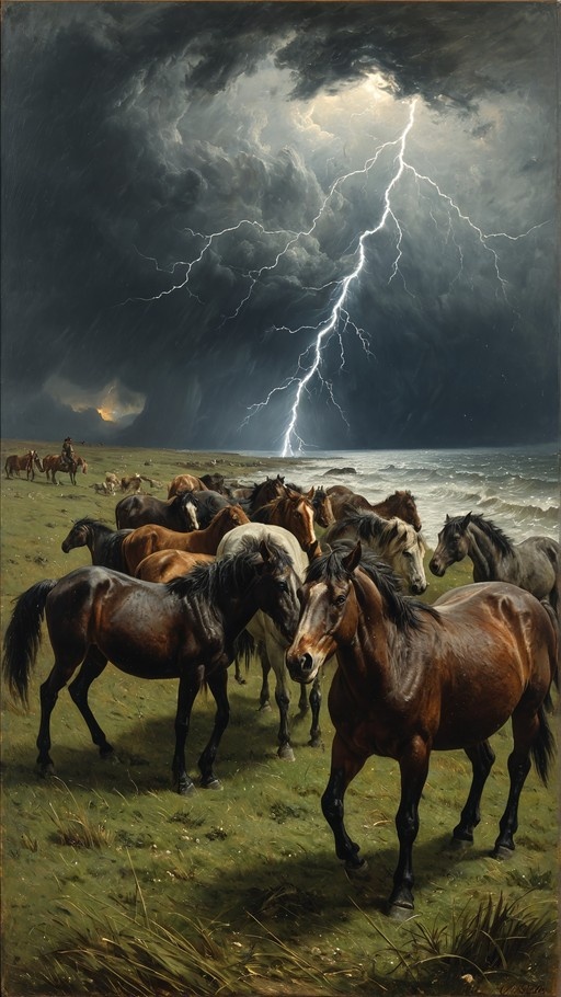 A herd of horses stands on a grassy shore near the ocean as lightning strikes the water under dark storm clouds in a painterly style.