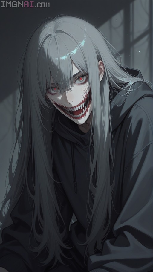 An eerie anime-style portrait of a pale girl with long grey hair and red eyes, wearing a black hoodie and displaying a wide, stitched Glasgow smile with sharp teeth.