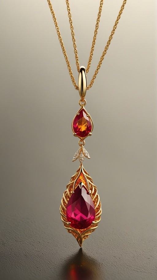 A gold chain necklace with an ornate pendant featuring two teardrop-shaped red gemstones, the lower one encased in intricate gold wirework resembling leaves, resting on a reflective surface against a grey gradient background.