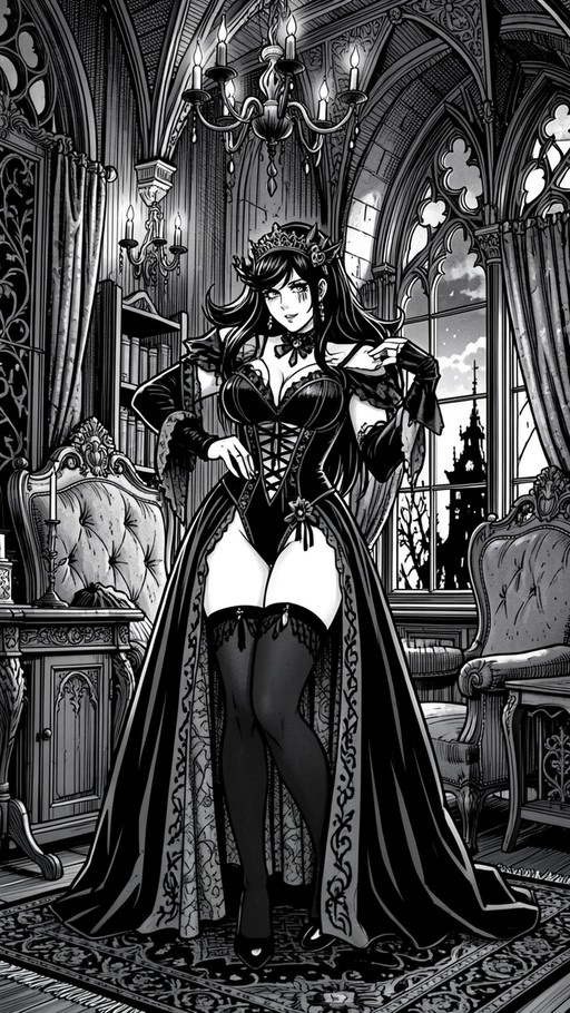 Monochrome illustration of a gothic princess with a crown and corset dress standing in an ornate castle hall.