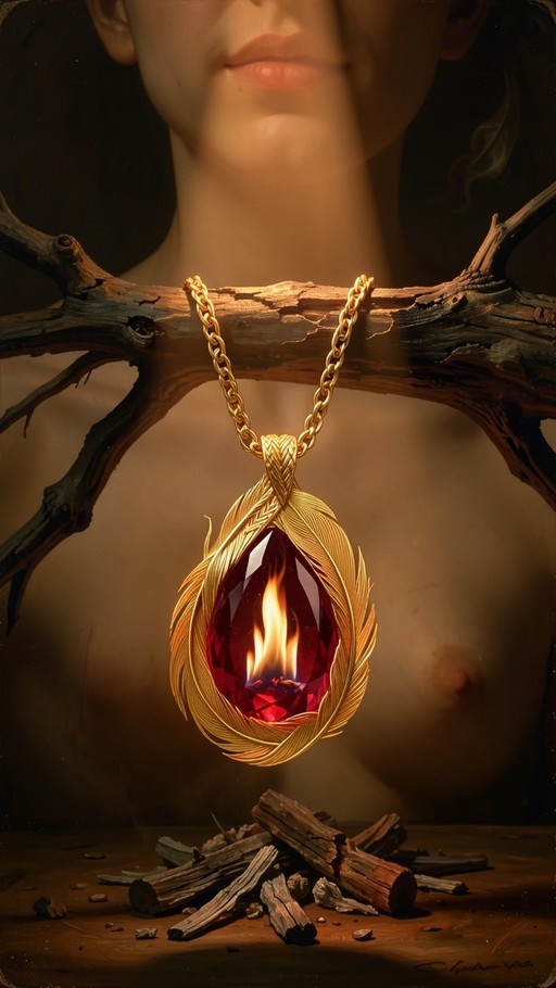 A golden feather-shaped pendant holding a red gem and fire hangs from a branch above logs with a blurred figure behind it.