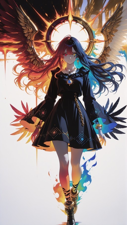 Anime girl with split red and blue hair, heterochromia, black dress, golden halo, and dual-colored wings standing against a bright background.
