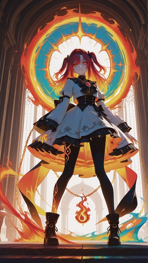 A full-body illustration of a red-haired anime girl with pigtails standing in a church, wearing a white and black dress with black pantyhose and boots, surrounded by gold chains and a large fiery halo behind her head.