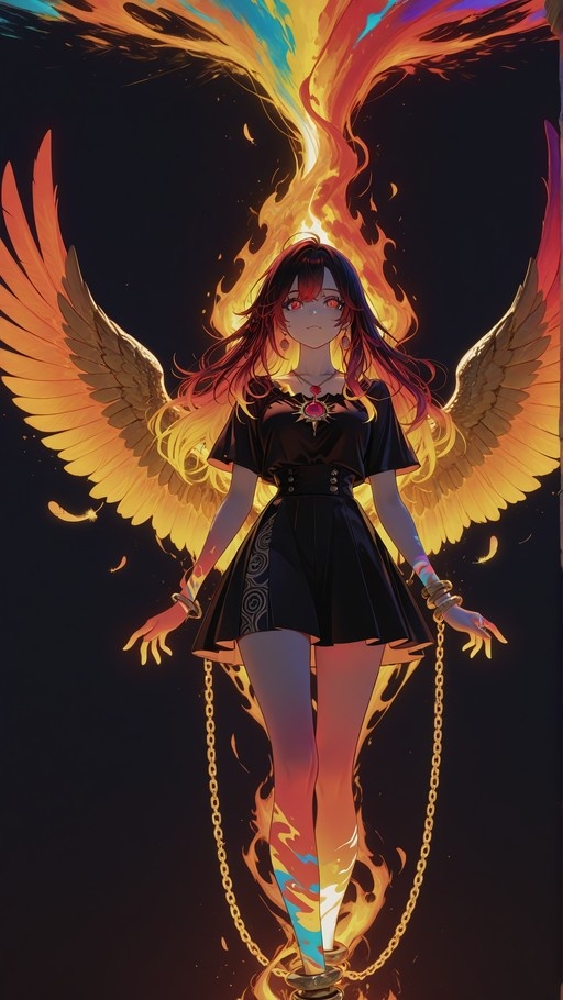 Anime girl with red eyes and long hair wearing a black dress, golden wings, and a fiery halo.