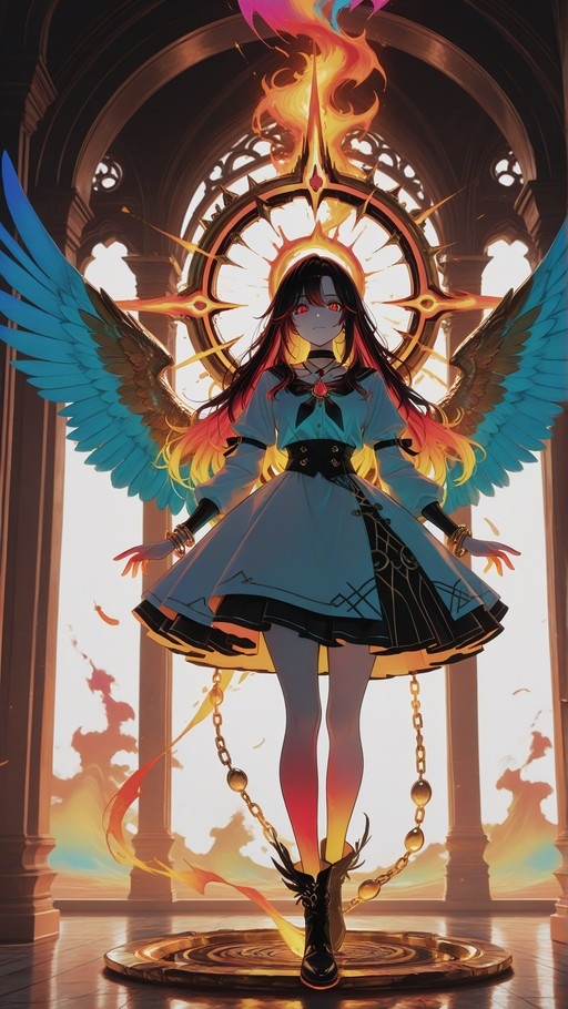 Anime girl with long multicolored hair and large blue wings standing in a gothic hall, wearing a light blue dress and surrounded by chains and a fiery halo.