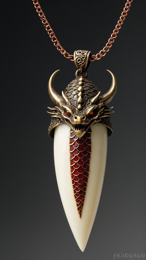 An antiqued bronze dragon head pendant with red eyes and scales attached to a large white tusk, hanging from a copper chain against a dark background.