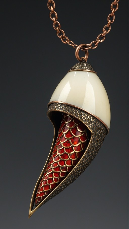 A fantasy teardrop pendant on a copper chain featuring a smooth white top and an opening revealing vibrant red dragon scales framed by dark metal.