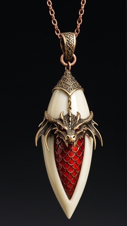 A bronze dragon head pendant with red scales hanging inside a large white fang on a chain