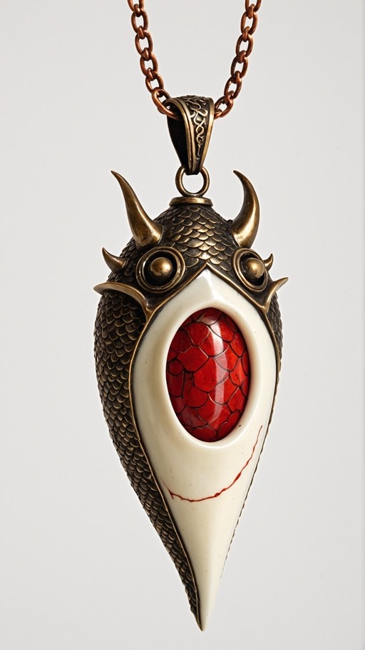 An ornate bronze pendant shaped like a scaled creature head with curved horns, featuring a large oval red gemstone set into a white beak-like structure, suspended from a copper link chain against a plain background.
