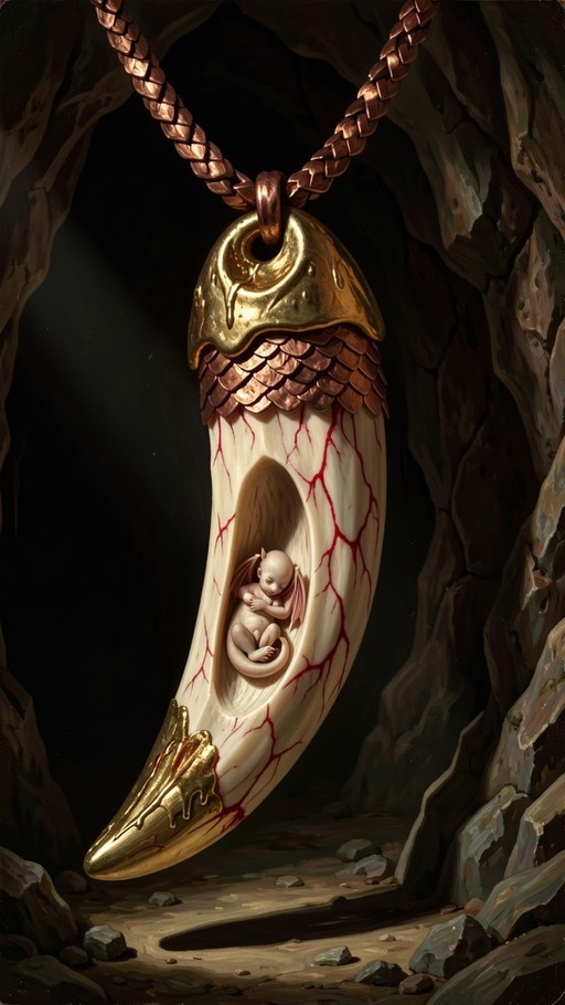 A large, ornate tooth pendant hanging in a cave contains a sleeping baby dragon with small wings curled up inside.