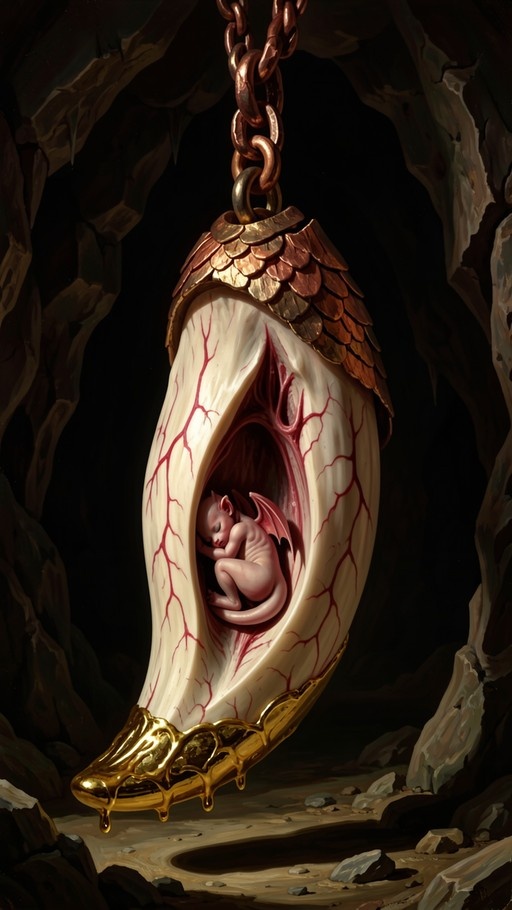 A small winged creature curls up asleep inside a large, vein-marked egg suspended by a heavy chain in a dark cave.