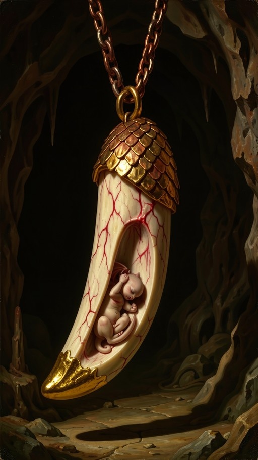A large tooth-shaped pendant with golden scales hangs from a chain in a cave, containing a sleeping pink baby dragon inside.