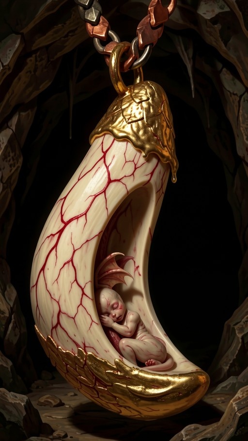 A small pale winged creature sleeps curled up inside a large white shell with red veins and gold trim, hanging from a chain in a dark cave.