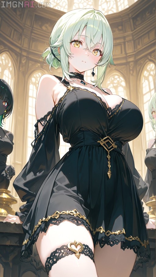 Anime girl with light green hair wearing a black dress and heart-shaped thigh strap