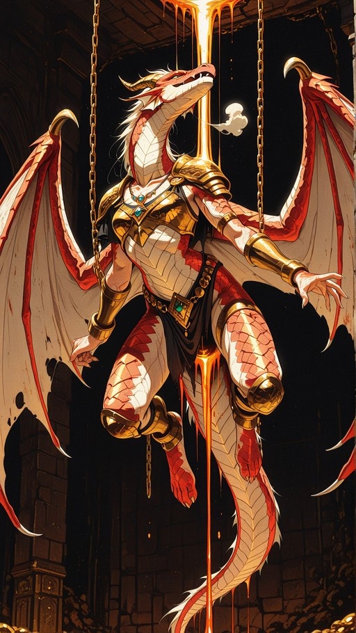 An armored female dragon with white scales and red accents is suspended by chains as molten gold drips around her large wings and tail in a dark setting.