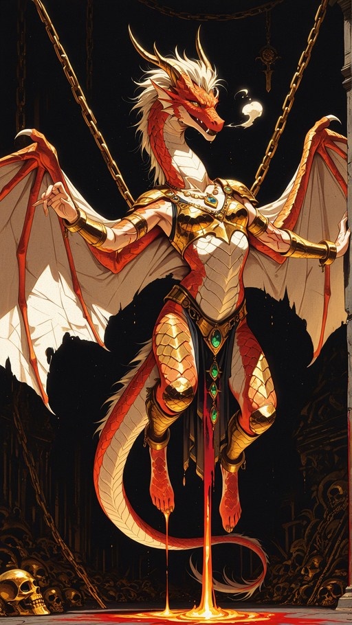A full-body digital illustration of a red and white scaled dragon boy suspended by chains, wearing gold armor with green gems, standing over a pool of lava near skulls.
