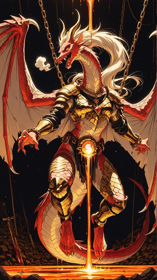 A full-body illustration of a red-scaled dragon boy with white hair wearing golden armor and bound by chains, standing over molten lava.