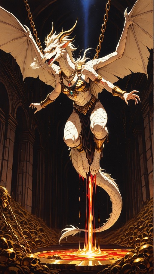 A full-body digital illustration of a white-scaled dragon girl with large wings and gold armor, suspended by chains in a dark stone hall while molten lava drips from her tail into a pool below.