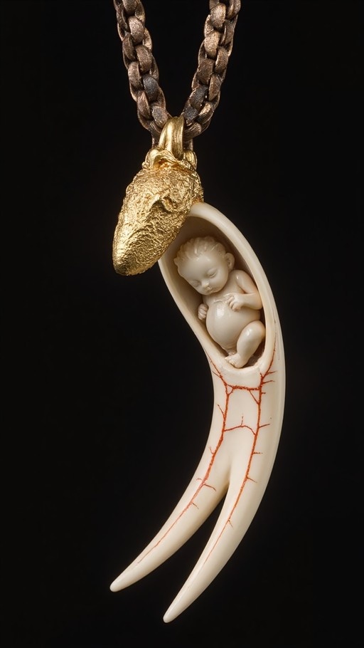 A large curved white fawith red vein markings contains a small sleeping baby, topped with a golden animal head and attached to a thick metal chain against a black background.