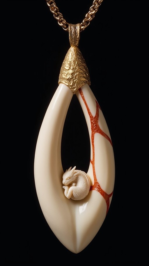 A gold chain holds a split ivory-colored teardrop pendant with reddish veins and a small curled dragon inside.