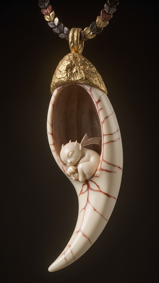 A fantasy necklace pendant showing a tiny sleeping winged creature curled inside a large white fang with red veins, topped with a gold cap and hanging from a metallic leaf chain.