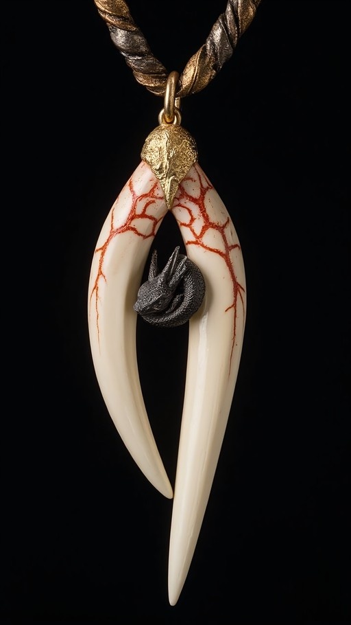 A fantasy necklace pendant with two large white fangs and a small black rabbit charm hanging between them against a black background.